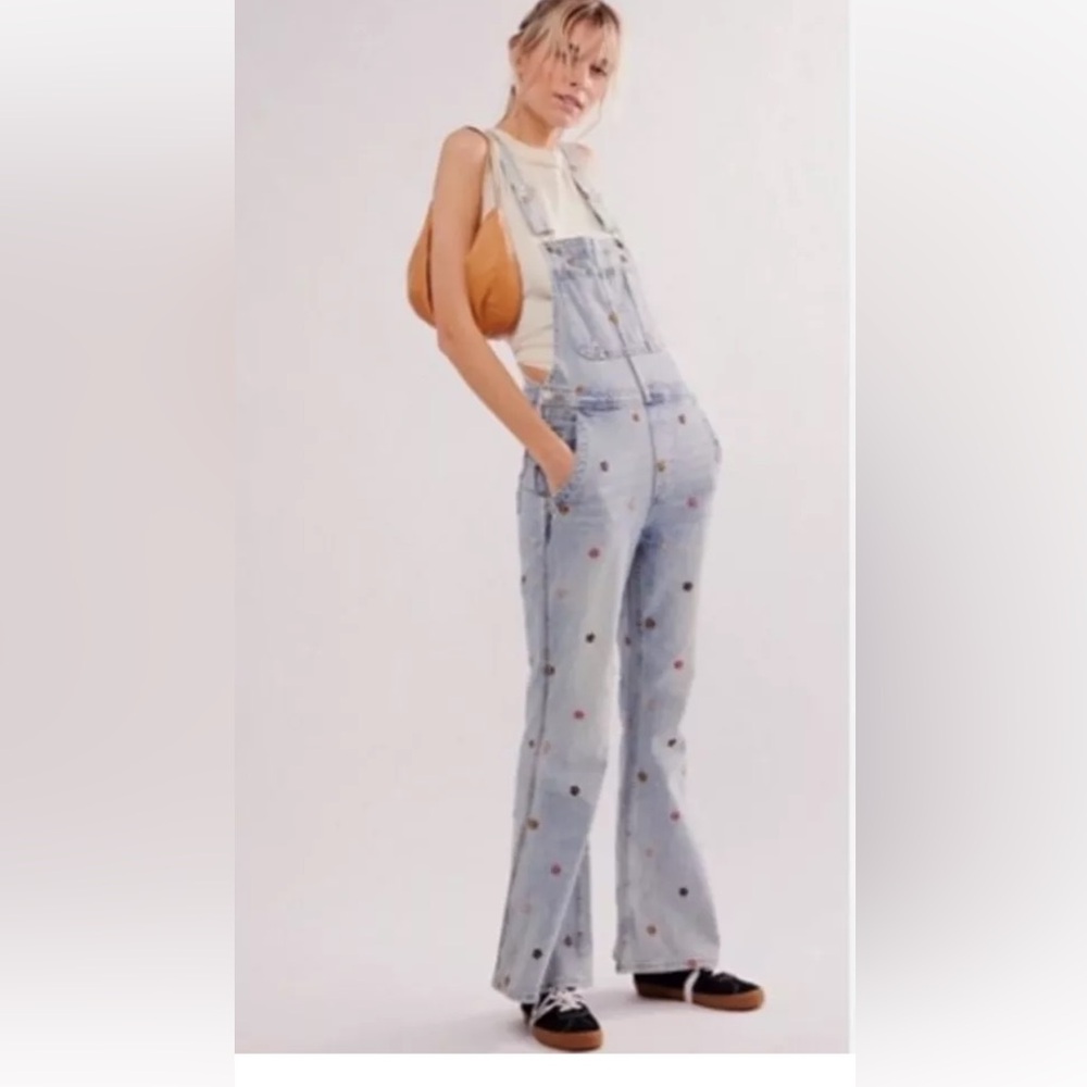 Free People Driftwood Flare Overalls Floral Embroidery Flare Light Blue